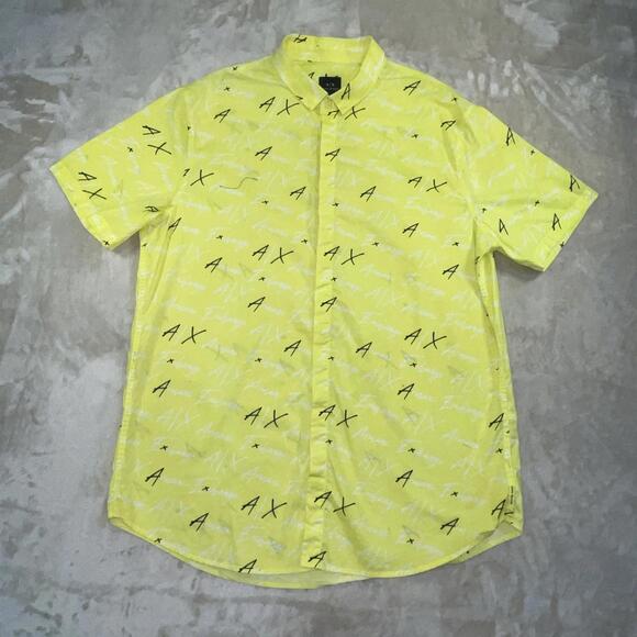 AX Armani Exchange Mens Slim Short Sleeve Button Up Yellow Graphic shirt Sz SLD